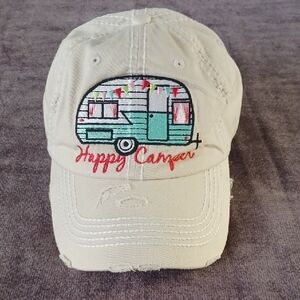 Happy Camper Embroidered Beige Baseball Cap